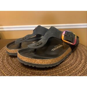 Birkenstock Sandles Womens 41 Size 10 Black Gizeh Big Buckle Oiled Leather EUC